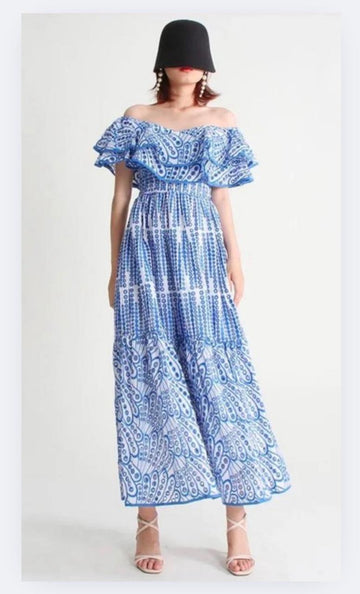 HC Embroidered Off Shoulder Ruffled Smocked Midi Dress.