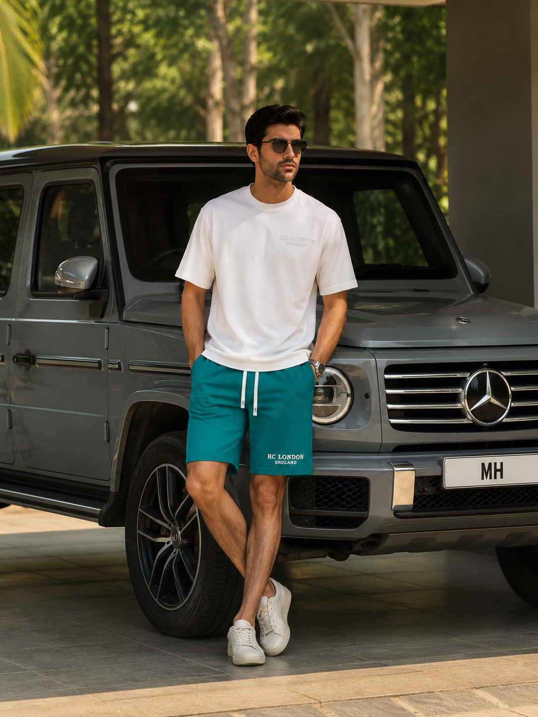 HC London Premium French Terry Co-Ord Set – White T-Shirt & Jade Green Shorts | Luxury Casual Wear for Men