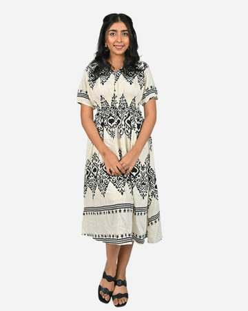 Monochrome Elegance: White & Black V-Neck Day Dress
