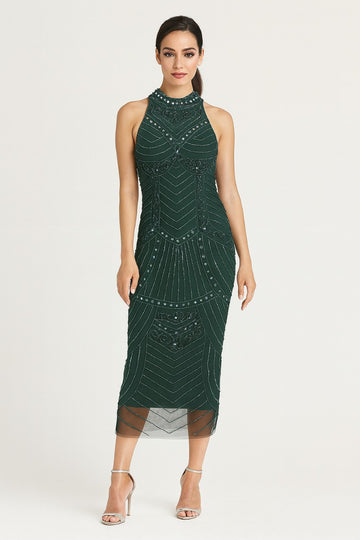 Hand worked Green & Gold Beaded half Length Dress
