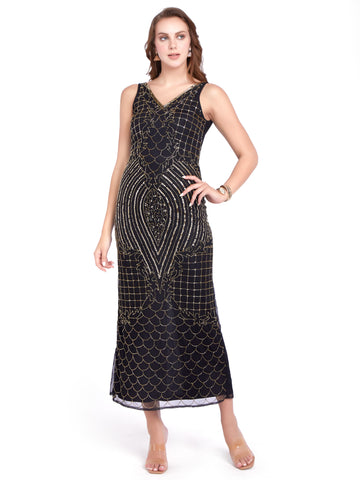 HC Handworked BlackNGold Beaded Full Length Dress