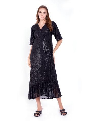 HC A Line Black Sequin Wrap dress
