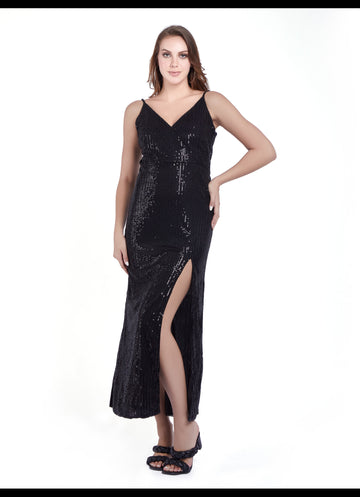 HC Sequin Evening Dress V Neck Spaghetti Straps Maxi Split Gown