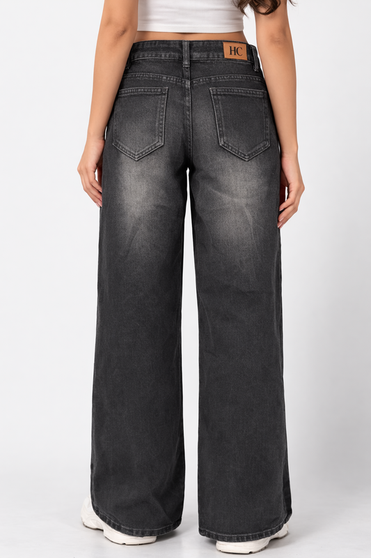 HC London Women High-Rise Washed Black Wide Leg Denim Jeans