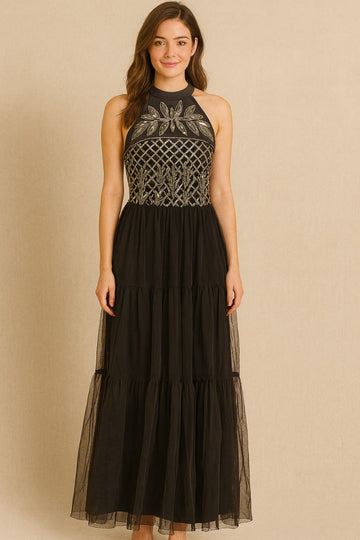 Embellished Boat-Neck Fit Flare Dress
