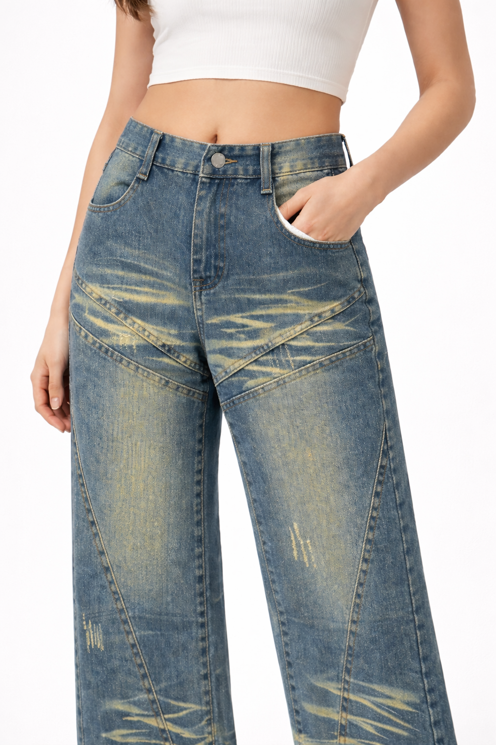 HC London Women High-Rise Washed Panel Design Wide Leg Denim Jeans