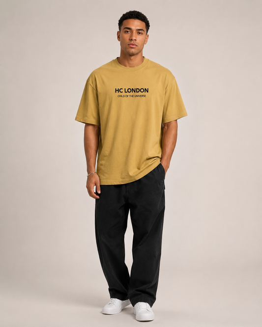 HC London Signature Soft & Comfortable 100% Premium Cotton 240 GSM Oversized Unisex T-Shirt – Bio-Washed & Silicone Washed – Mustard Beige