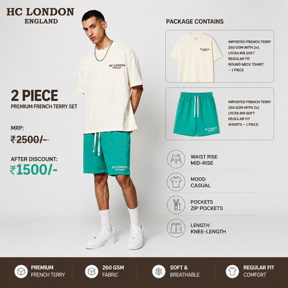 HC London Premium French Terry Co-Ord Set – White T-Shirt & Jade Green Shorts | Luxury Casual Wear for Men