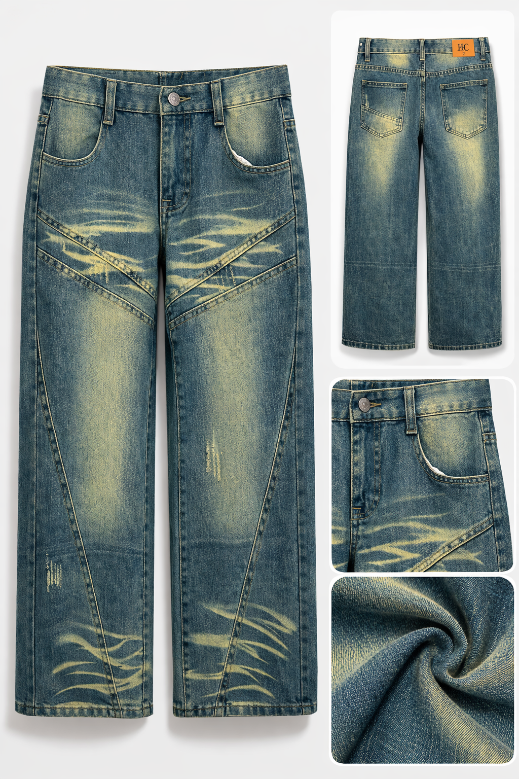 HC London Women High-Rise Washed Panel Design Wide Leg Denim Jeans