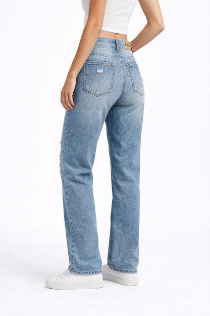 HC London Women High-Rise Light Wash Distressed Denim Straight Fit Jeans