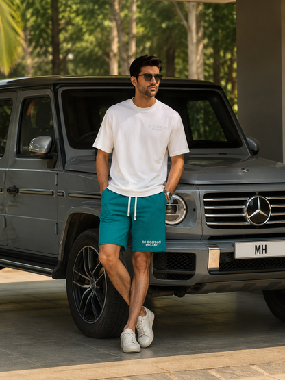 HC London Premium French Terry Co-Ord Set – White T-Shirt & Jade Green Shorts | Luxury Casual Wear for Men