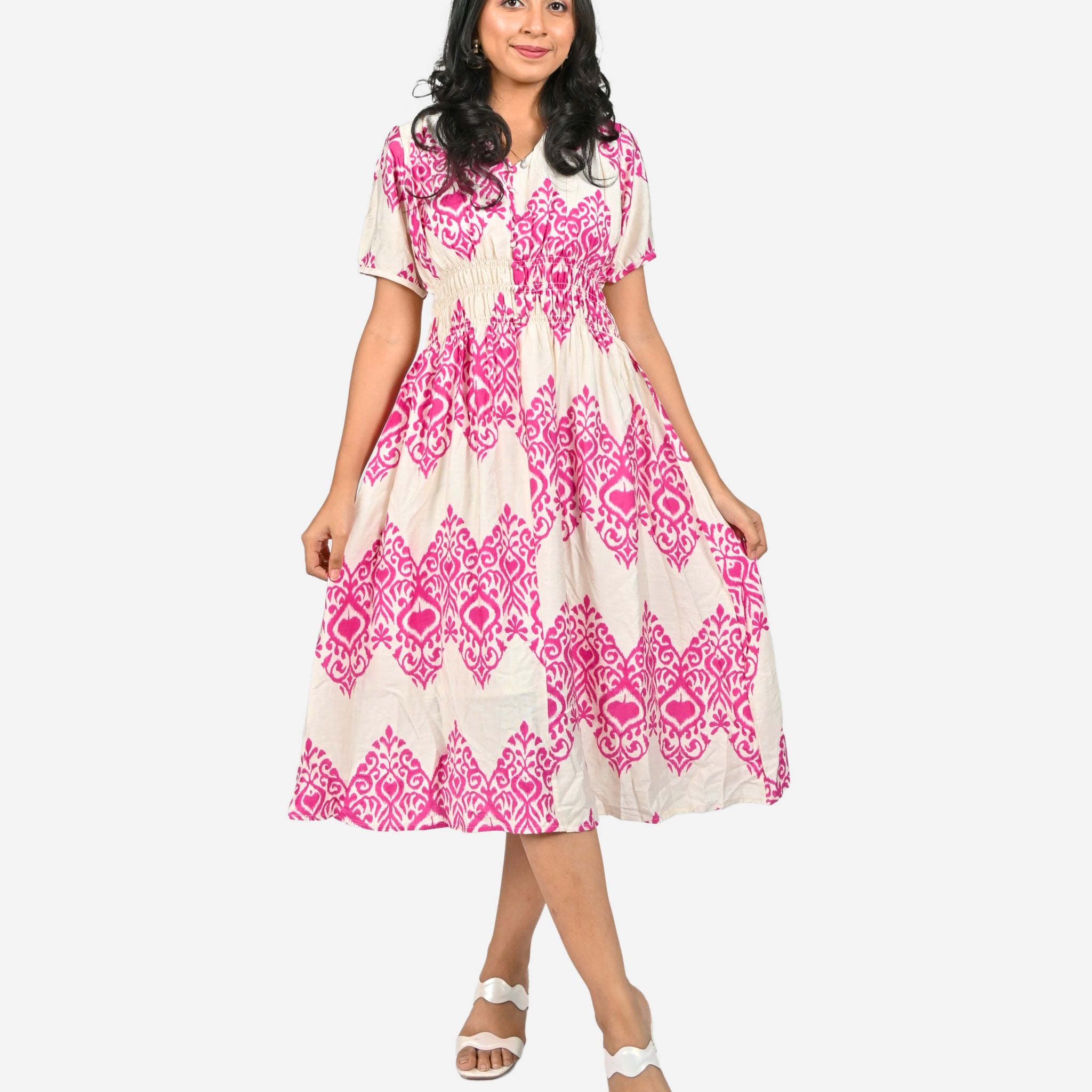 Elegant Charm: White & Pink V-Neck Day Dress