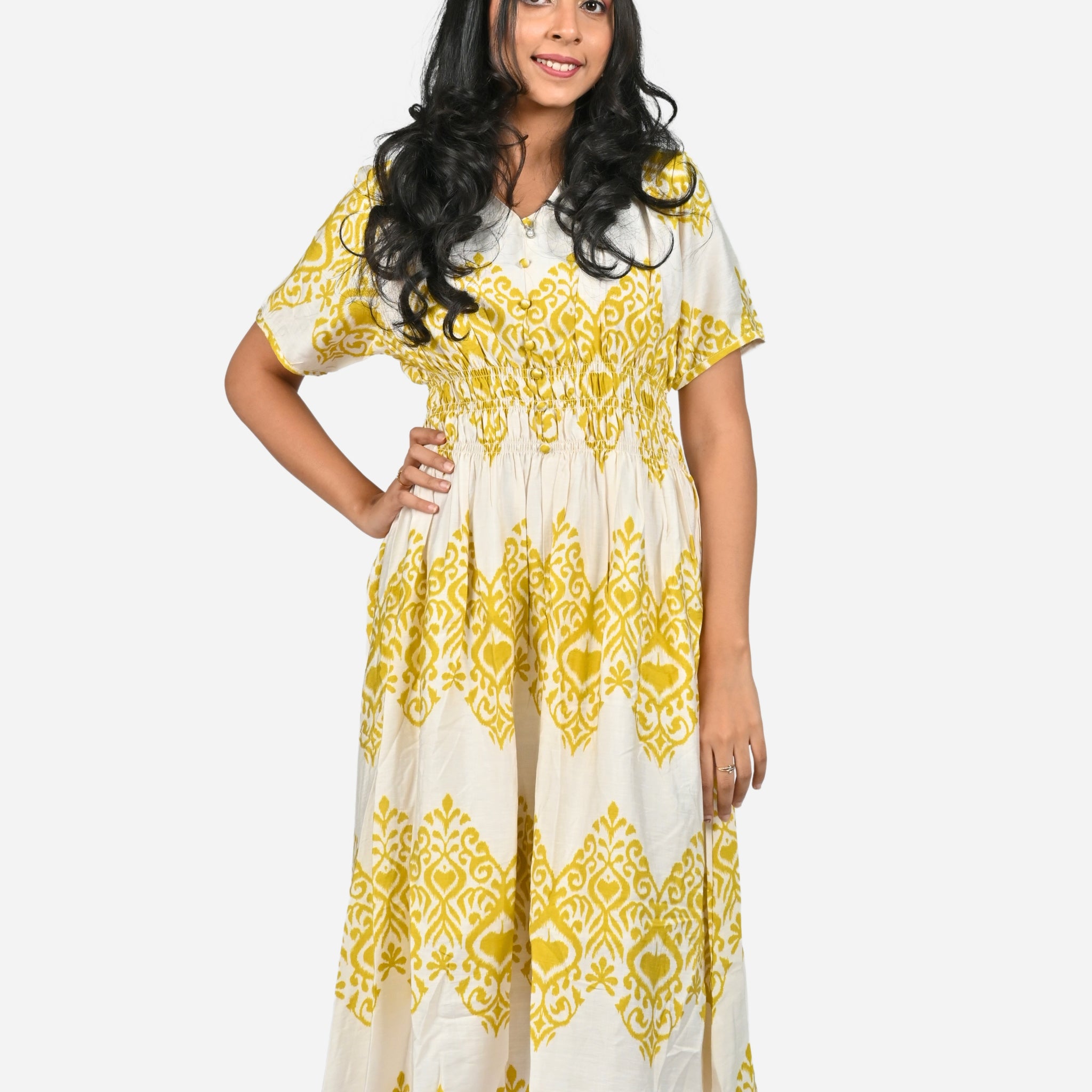 Fresh Delight: White & Lime Green V-Neck Day Dress