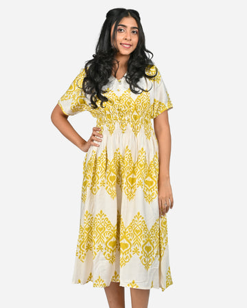 Fresh Delight: White & Lime Green V-Neck Day Dress