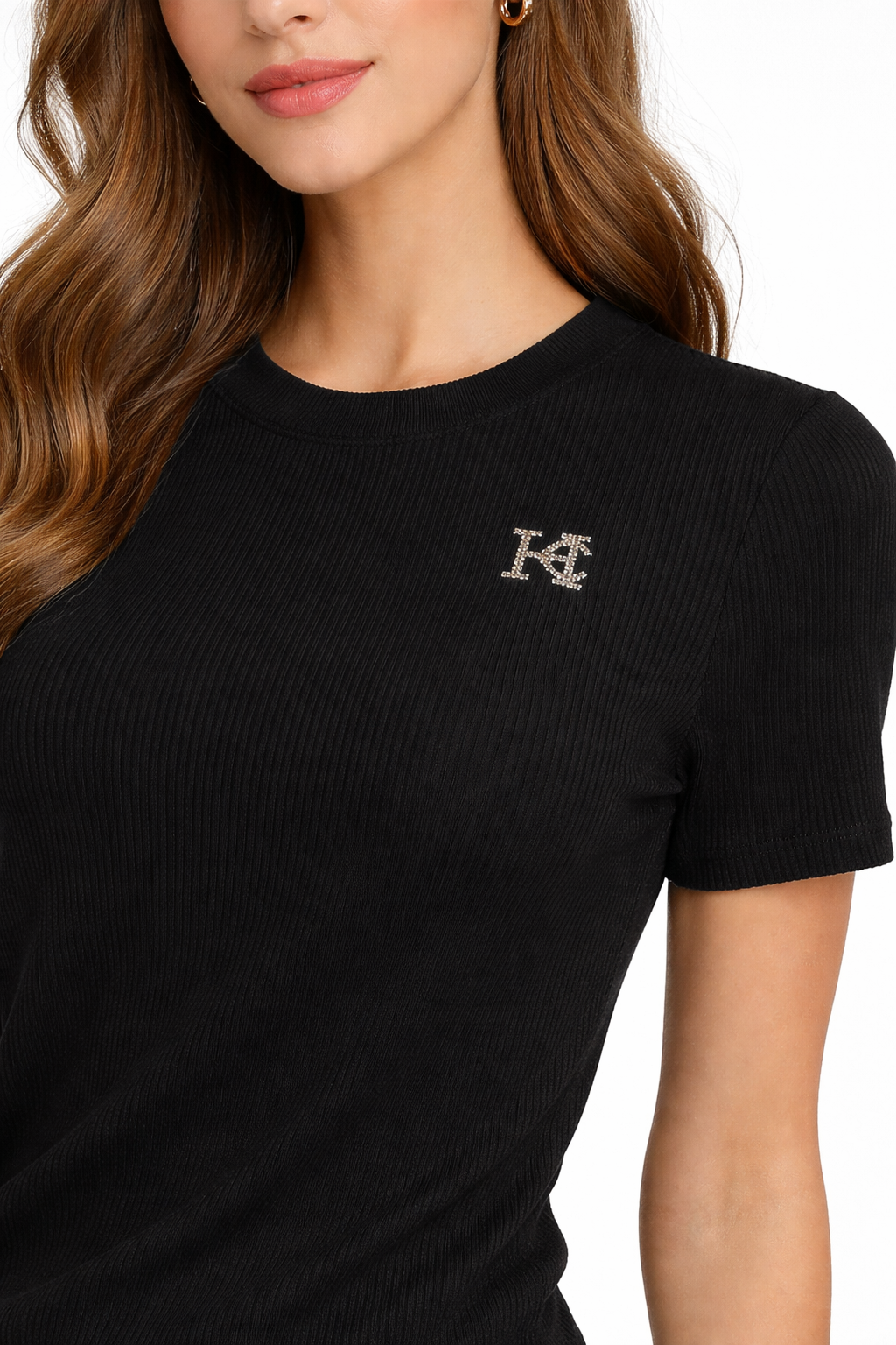 HC London Women Ribbed Knit Solid T-Shirt with Crystal Logo Detail (Black &bWhite)