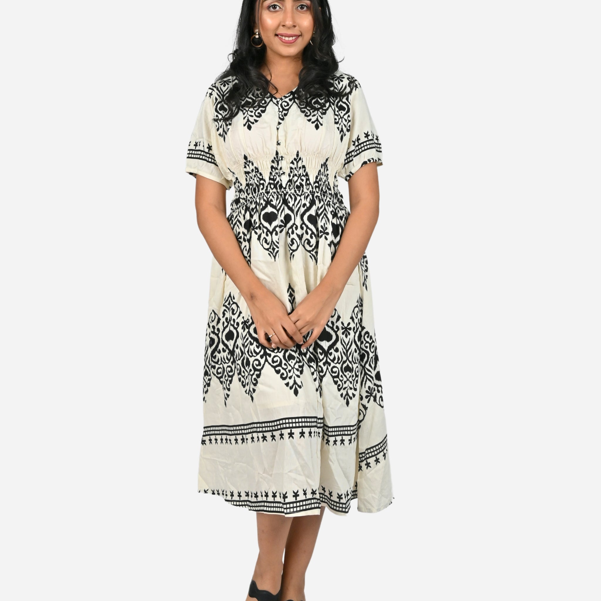 Monochrome Elegance: White & Black V-Neck Day Dress
