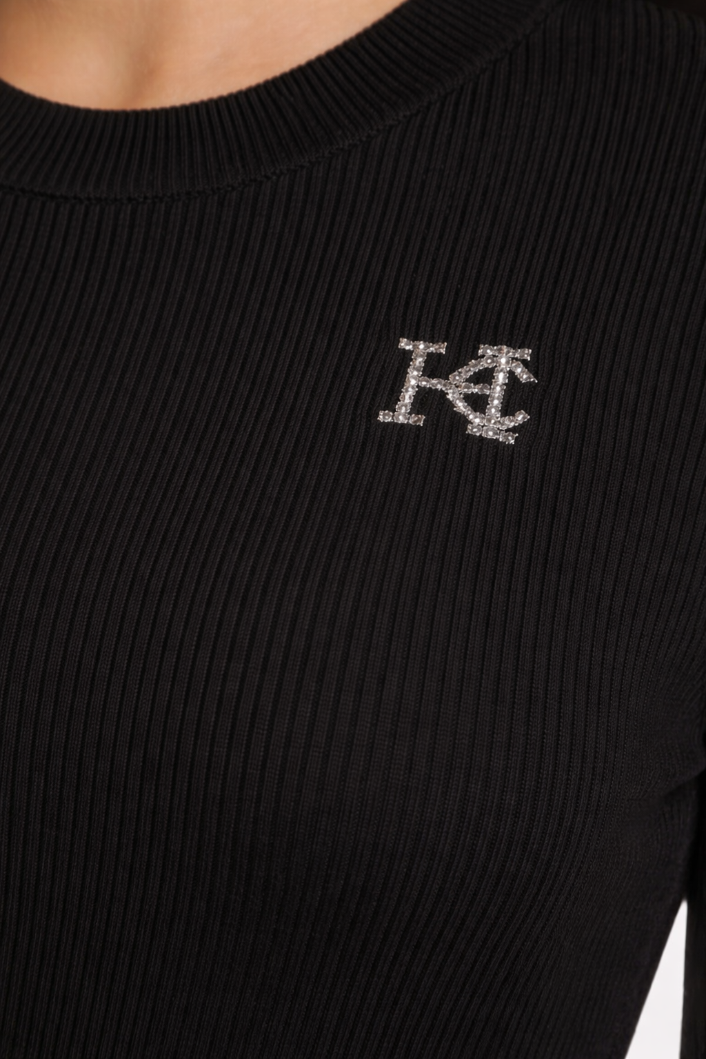 HC London Women Ribbed Knit Solid T-Shirt with Crystal Logo Detail (Black &bWhite)