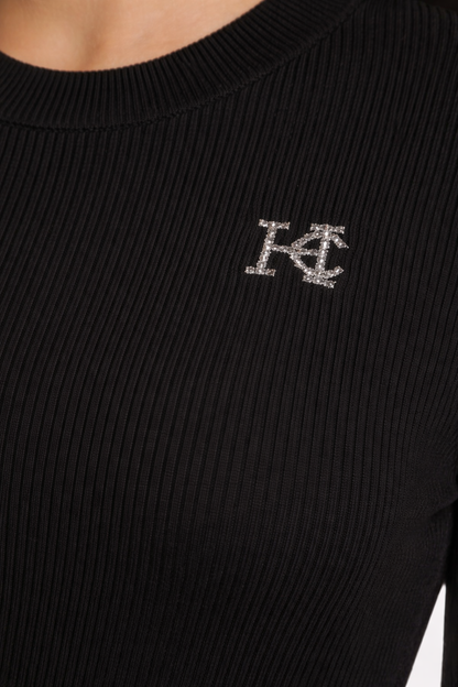 HC London Women Ribbed Knit Solid T-Shirt with Crystal Logo Detail (Black &bWhite)