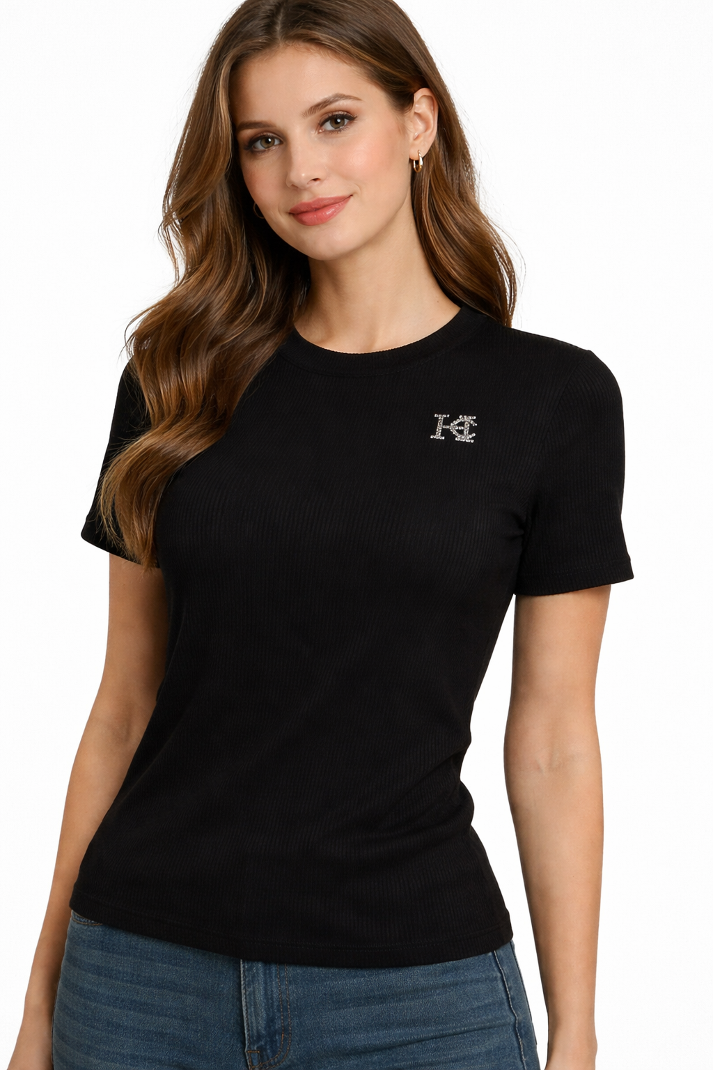 HC London Women Ribbed Knit Solid T-Shirt with Crystal Logo Detail (Black &bWhite)
