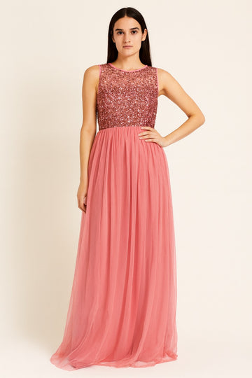 pink & silver-Toned Embellished Net Maxi Dress