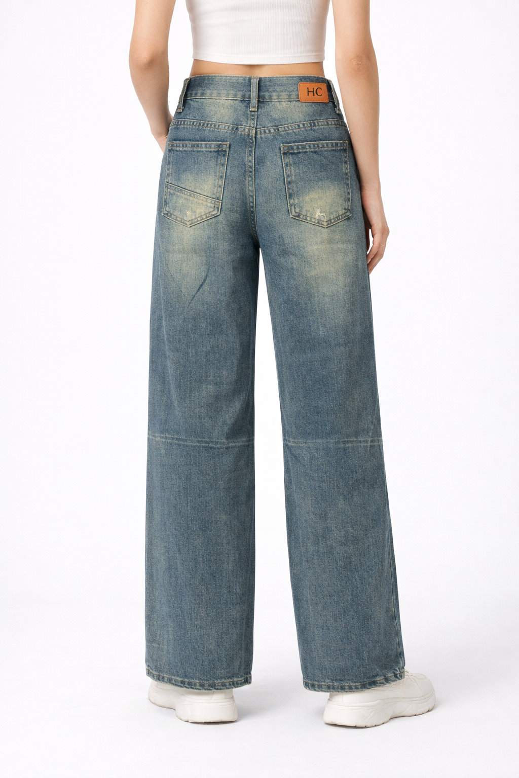 HC London Women High-Rise Washed Panel Design Wide Leg Denim Jeans