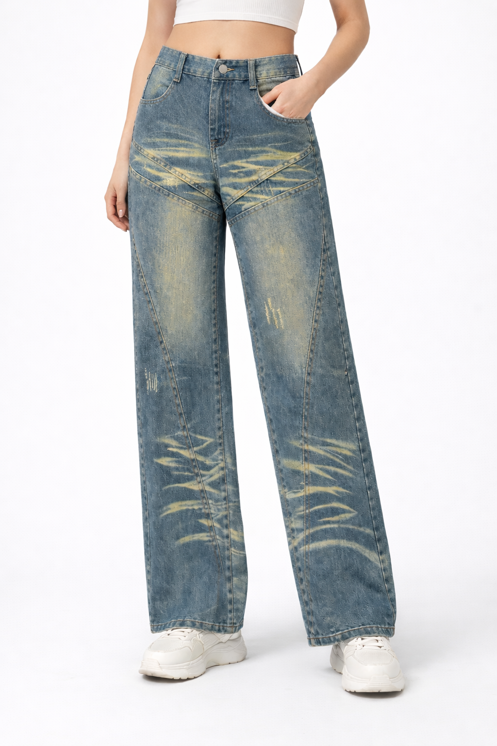 HC London Women High-Rise Washed Panel Design Wide Leg Denim Jeans