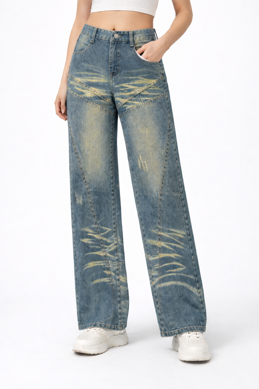 HC London Women High-Rise Washed Panel Design Wide Leg Denim Jeans