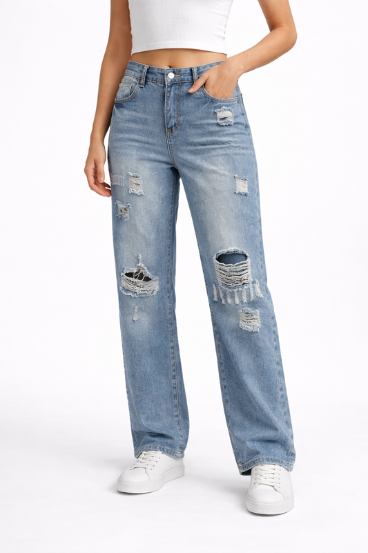 HC London Women High-Rise Light Wash Distressed Denim Straight Fit Jeans