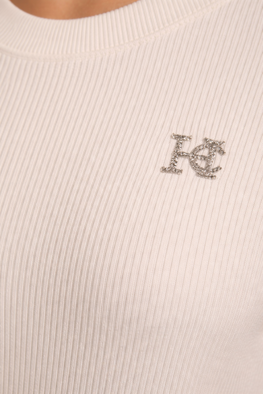 HC London Women Ribbed Knit Solid T-Shirt with Crystal Logo Detail (Black &bWhite)