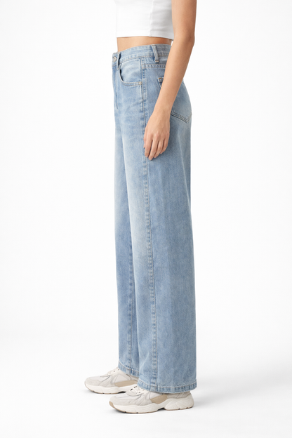 HC London Women High-Rise Light Blue Wide Leg Denim Jeans