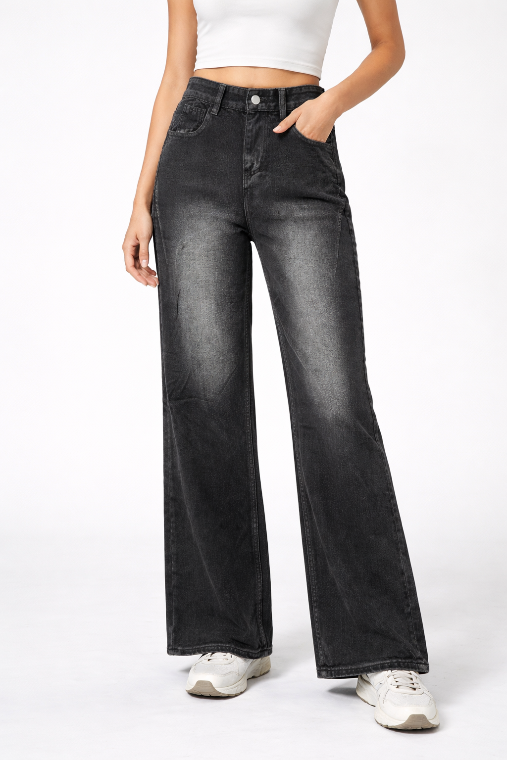 HC London Women High-Rise Washed Black Wide Leg Denim Jeans