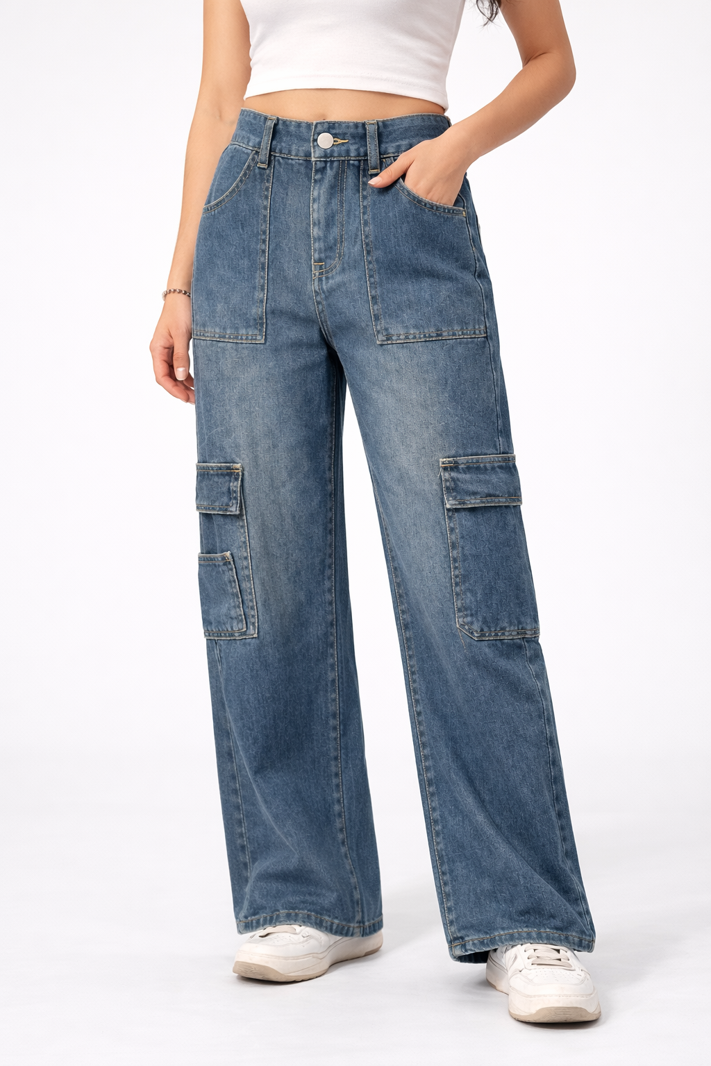HC London Women High-Rise Cargo Style Wide Leg Denim Jeans