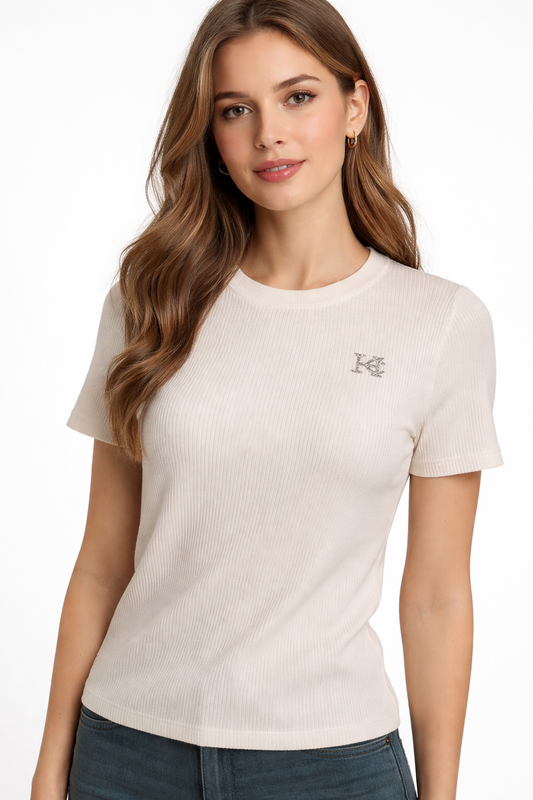 HC London Women Ribbed Knit Solid T-Shirt with Crystal Logo Detail (Black &bWhite)