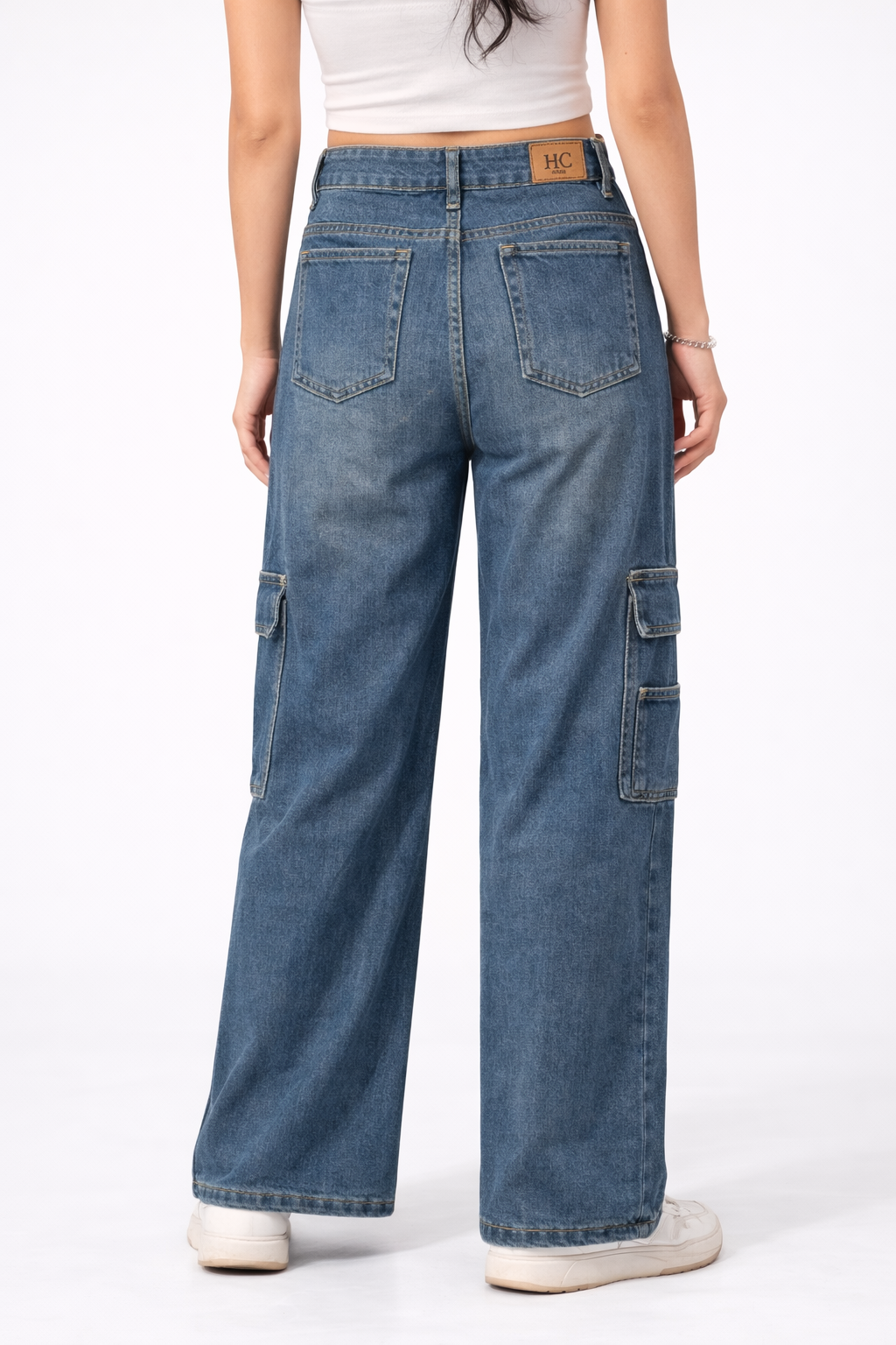 HC London Women High-Rise Cargo Style Wide Leg Denim Jeans