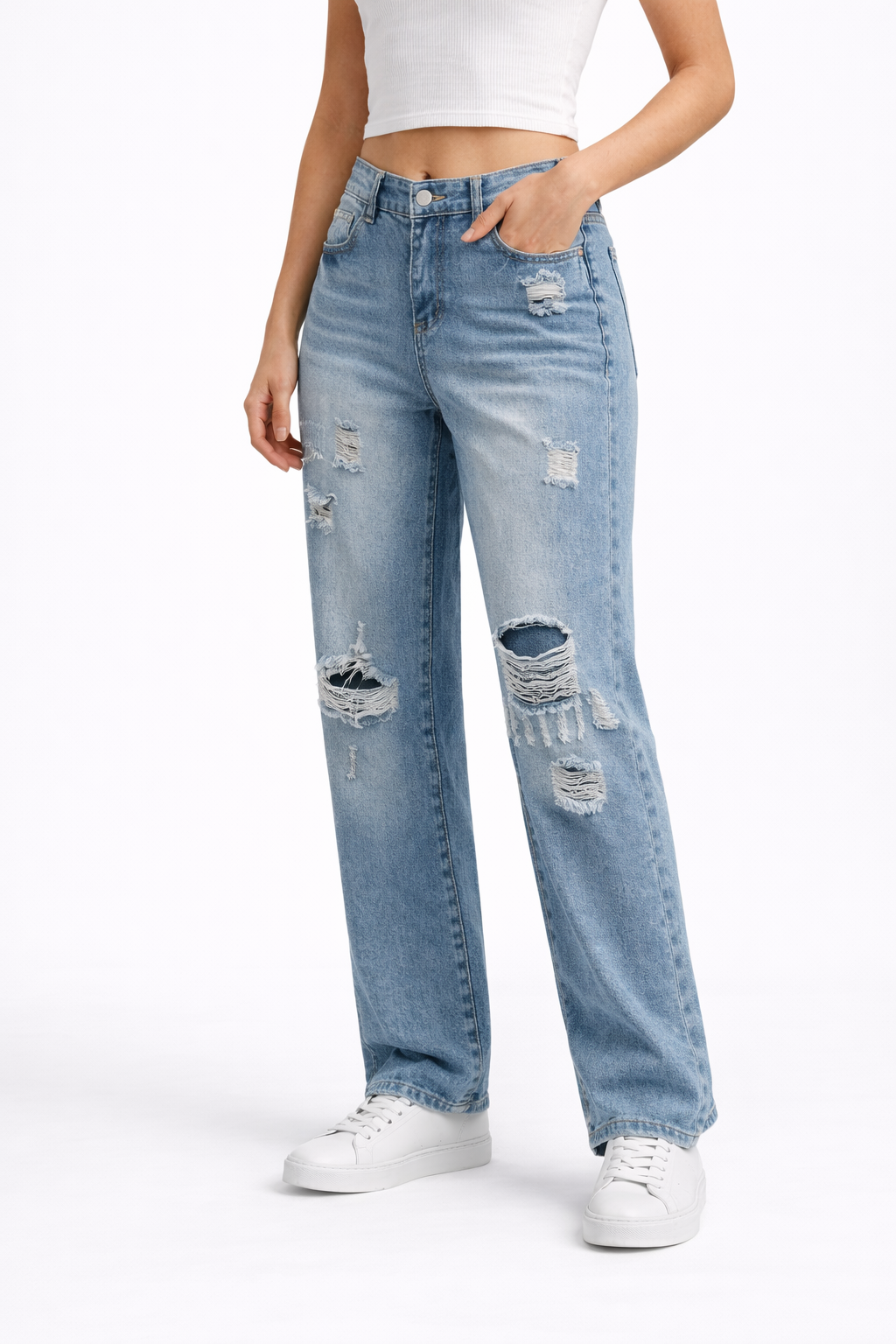 HC London Women High-Rise Light Wash Distressed Denim Straight Fit Jeans