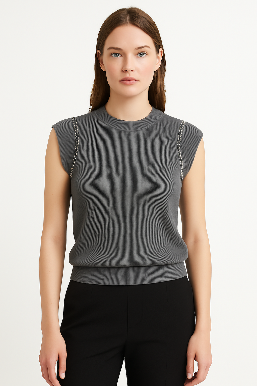 Chain-Detail Ribbed Knit Sleeveless Top