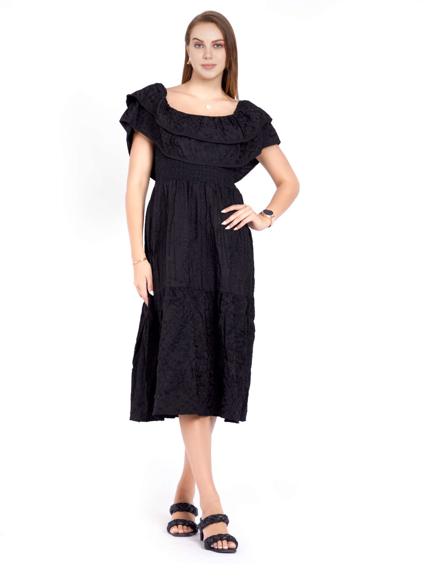 HC Ruffles Embroidered Off Shoulder Flared Midi Dress