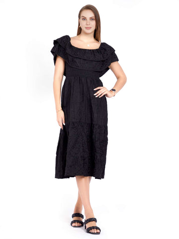 HC Ruffles Embroidered Off Shoulder Flared Midi Dress