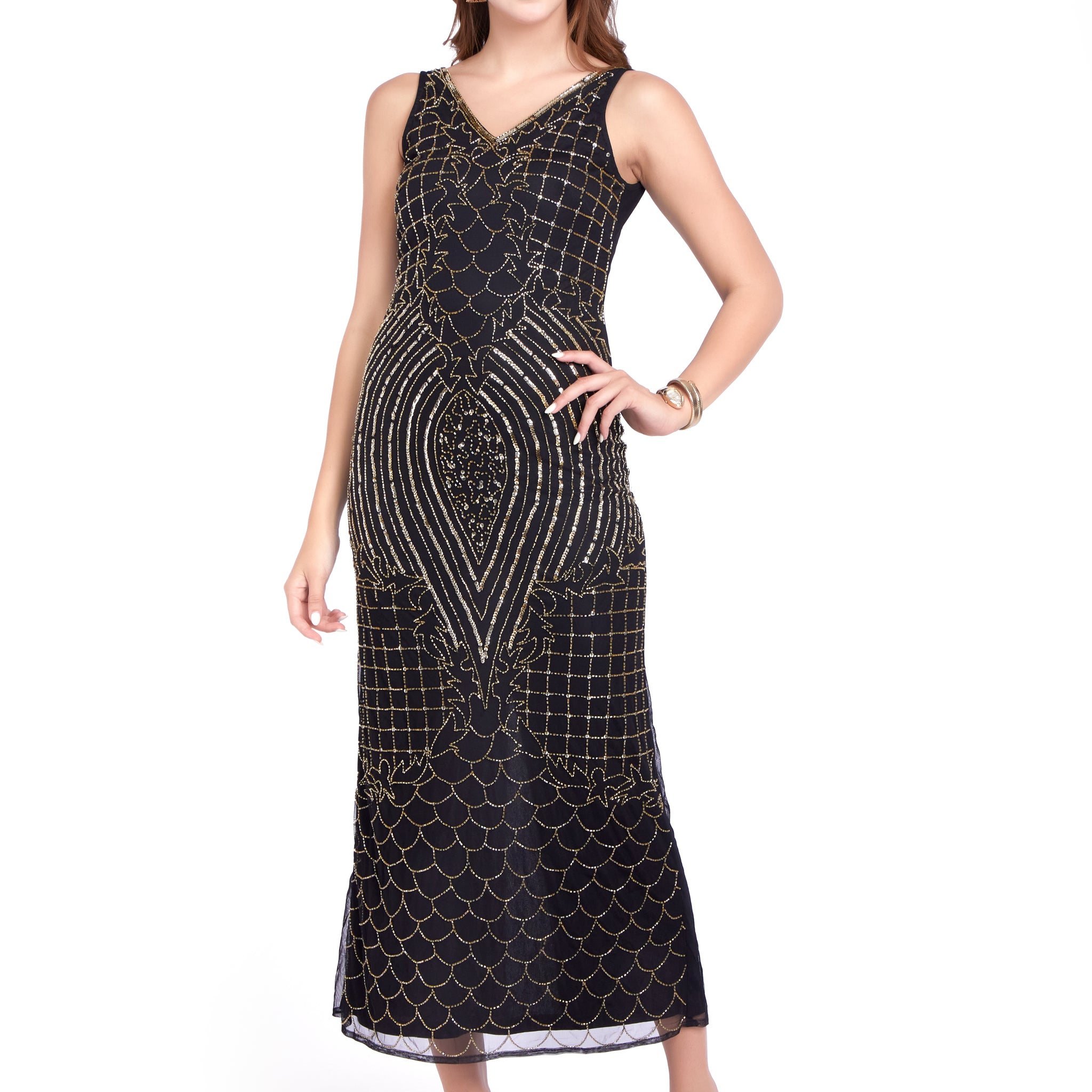 HC Handworked BlackNGold  Beaded Full Length Dress