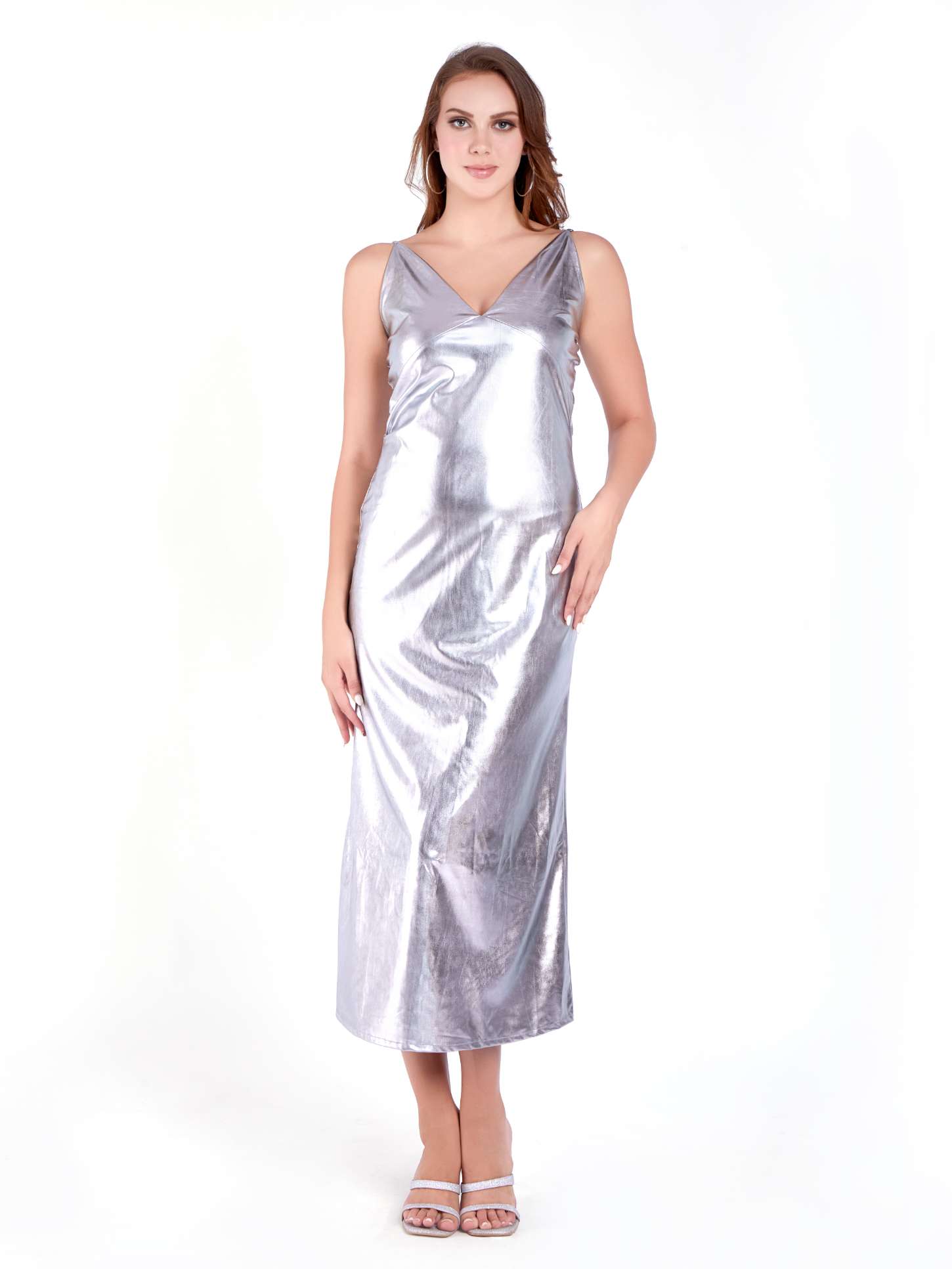 HC Sleek Metallic Silver-toned Bodycon Sleeveless dress