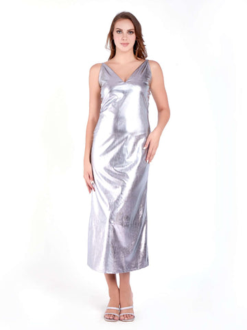 HC Sleek Metallic Silver-toned Bodycon Sleeveless dress