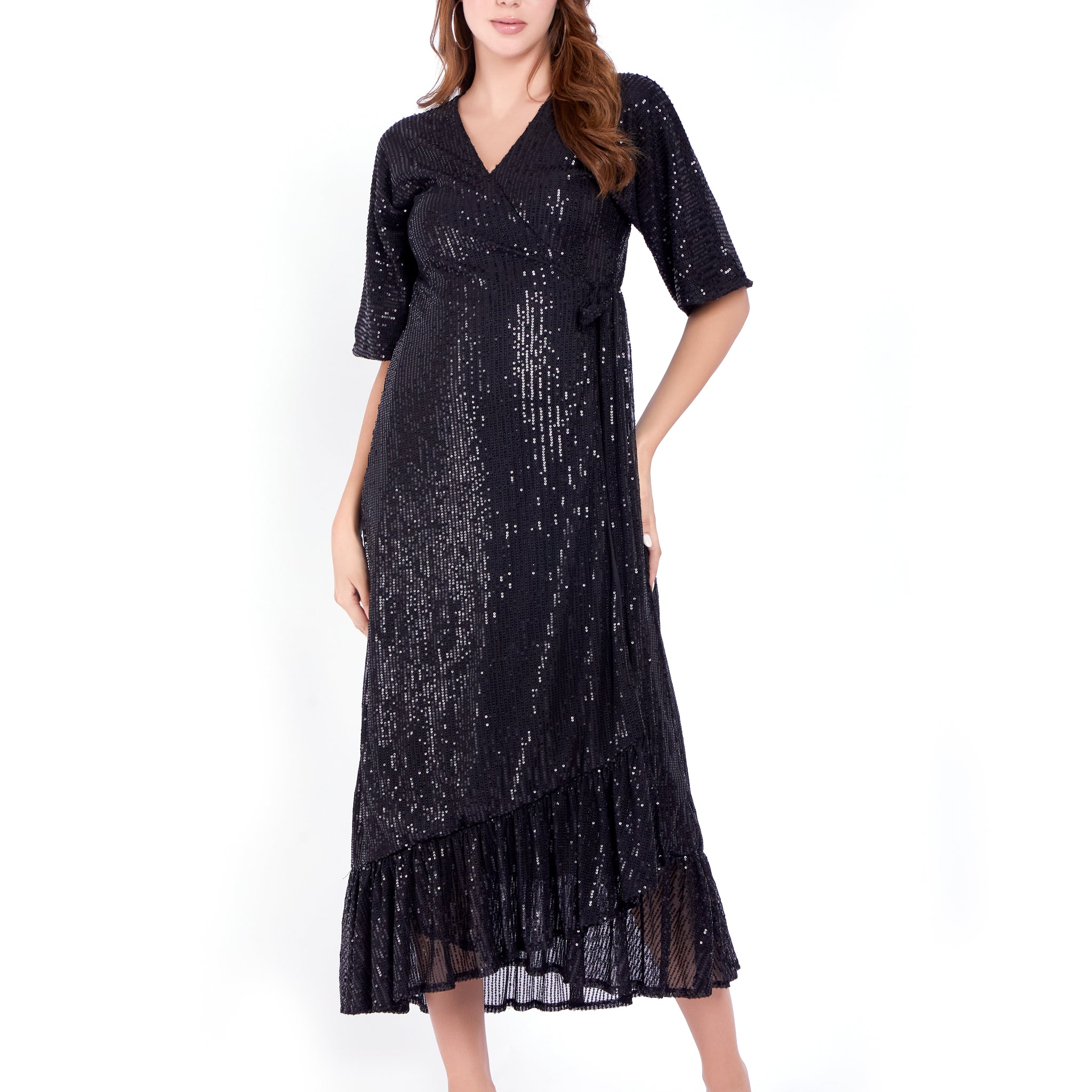 HC A Line Black Sequin Wrap dress