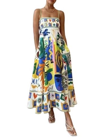 HC London Summer Spaghetti Strap Graffiti Maxi Cami Dress for Women with Boho Print