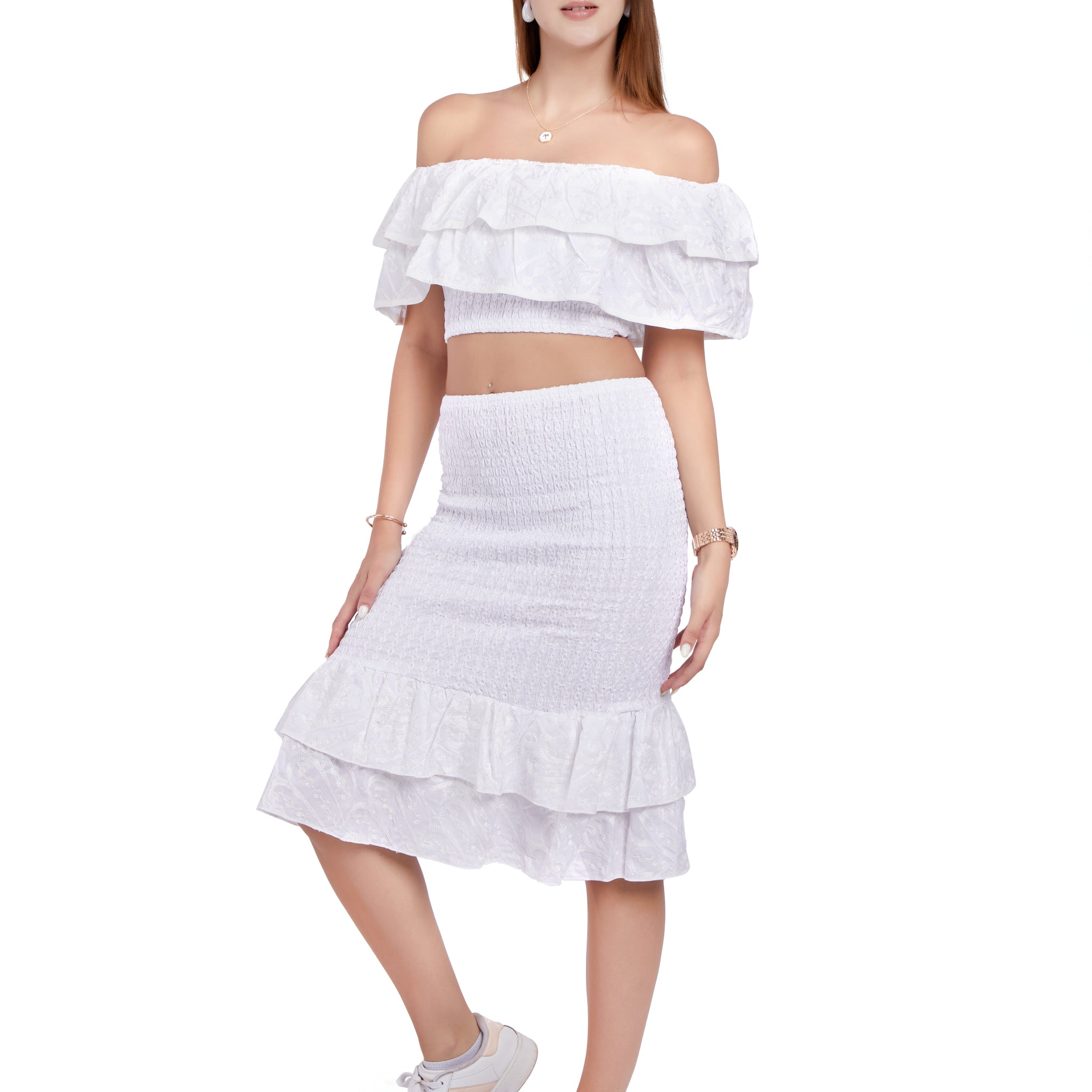 HC Embroidered Off Shouldered Top and Skirt Set