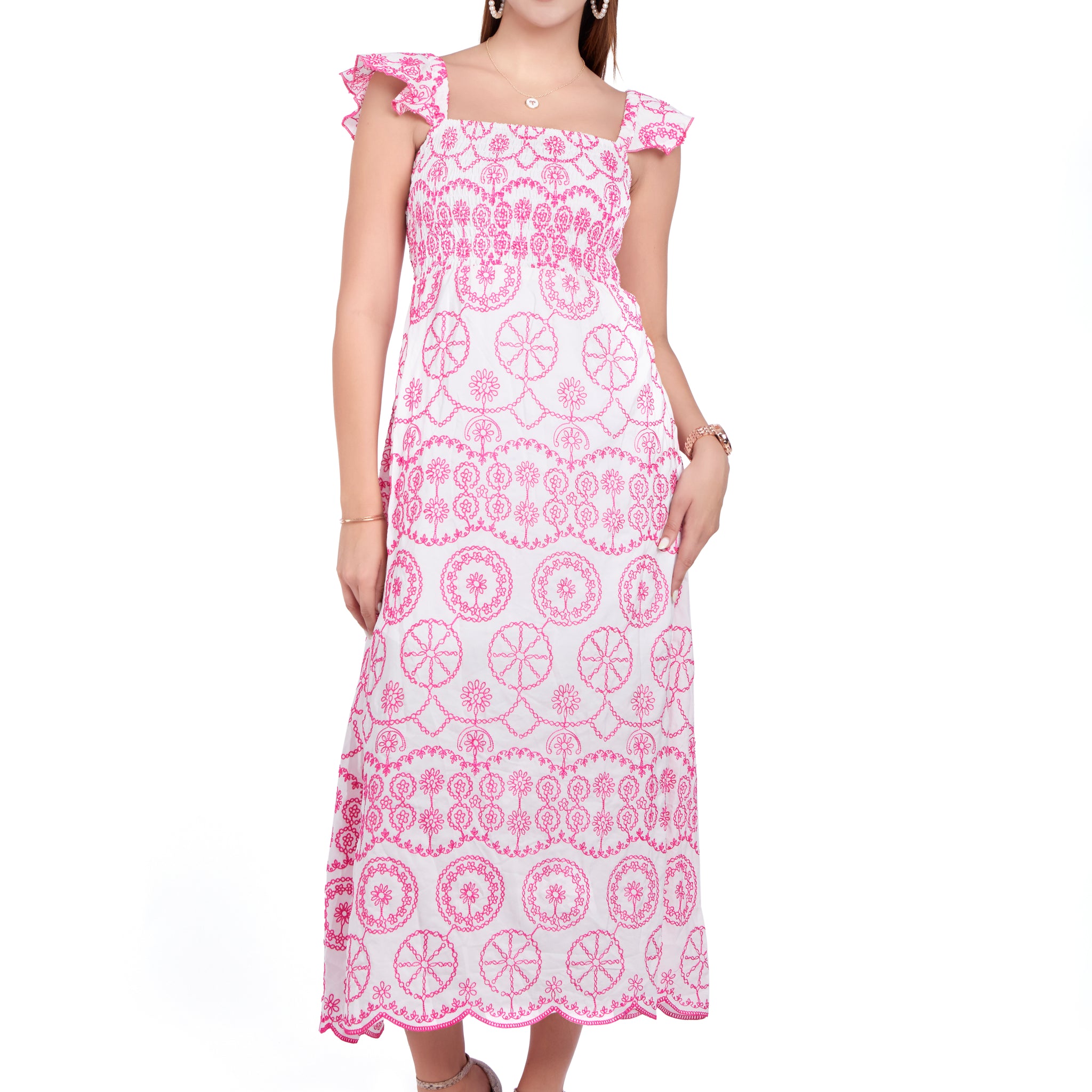 HC Embroidered Cape Sleeves Ankle Length Maxi Dress