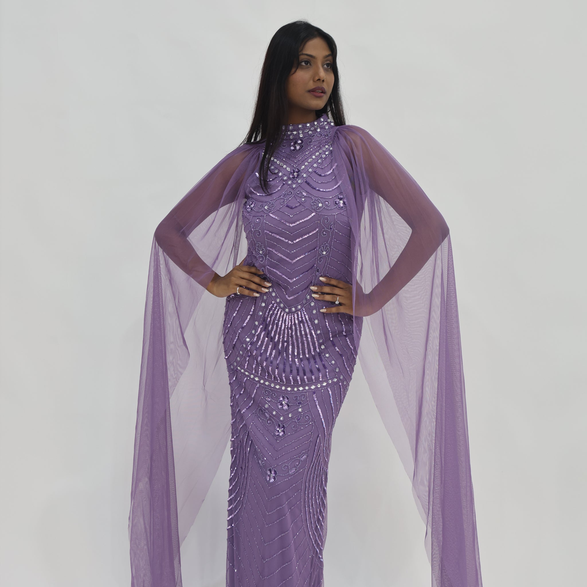HC Luce Handworked Lavender Embellished Beaded Mermaid Evening Dress