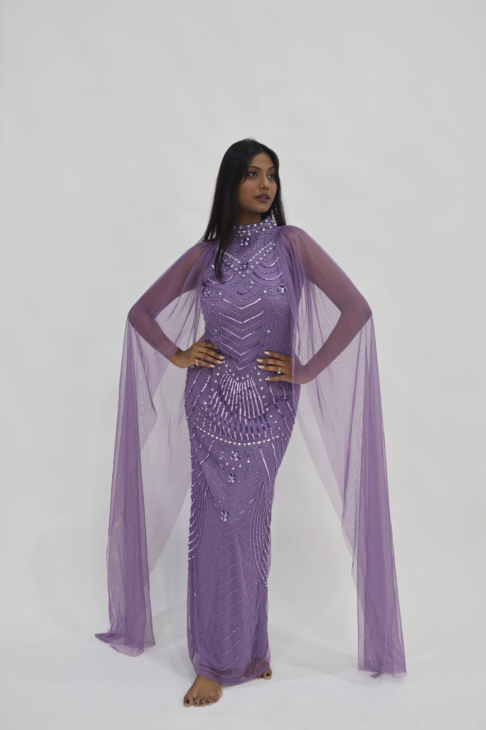 HC Luce Handworked Lavender Embellished Beaded Mermaid Evening Dress