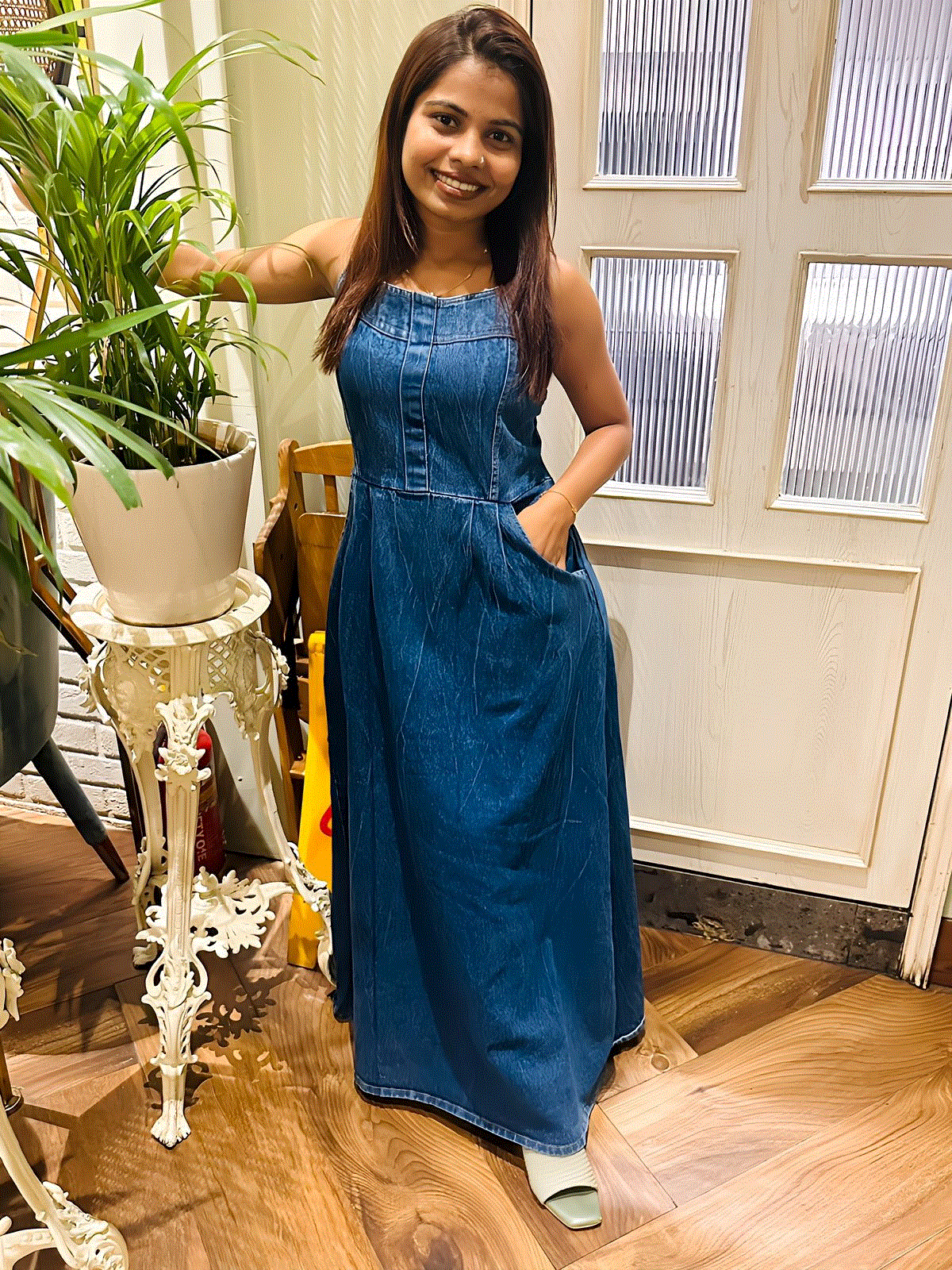 HC Button  Front Denim Dress with Smocked Back and Spaghetti Straps