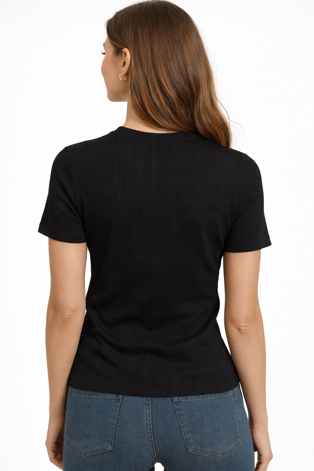 HC London Women Ribbed Knit Solid T-Shirt with Crystal Logo Detail (Black &bWhite)