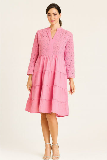 Pink cotton Women midi dress